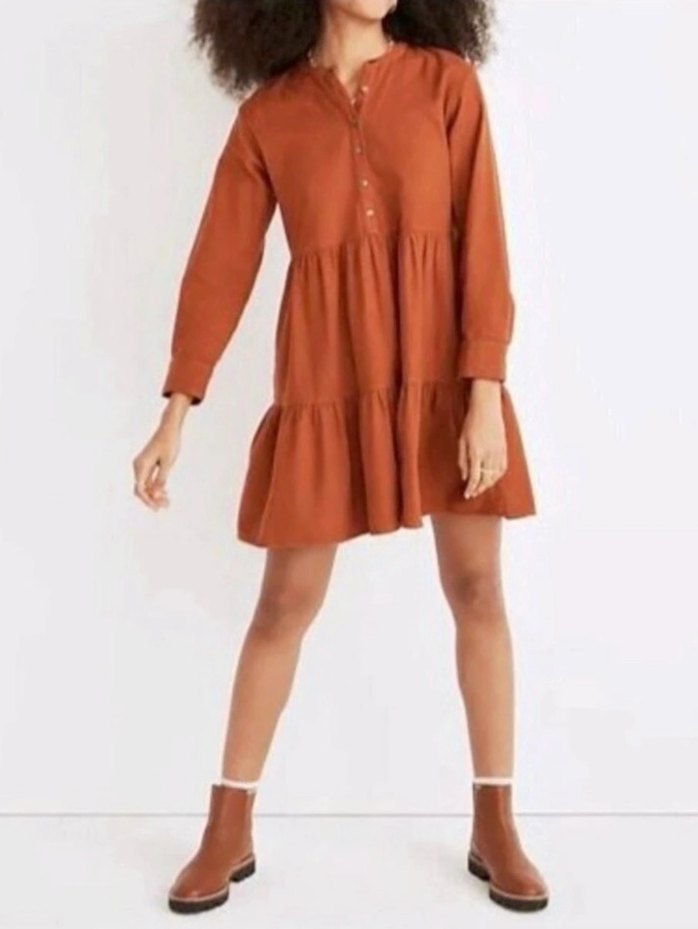 Madewell Rust Orange Flannel Tiered Mini Dress 100% Cotton Long Sleeve XXS